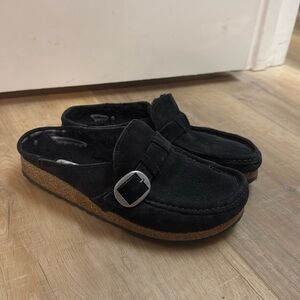 Birkenstock Black Suede Mules with Silver Buckle